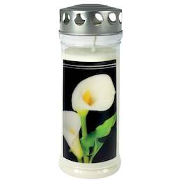 1223795 - Gedenk-Kerze groß "Calla" Silberdeckel DM 7,5cm H 21,5cm